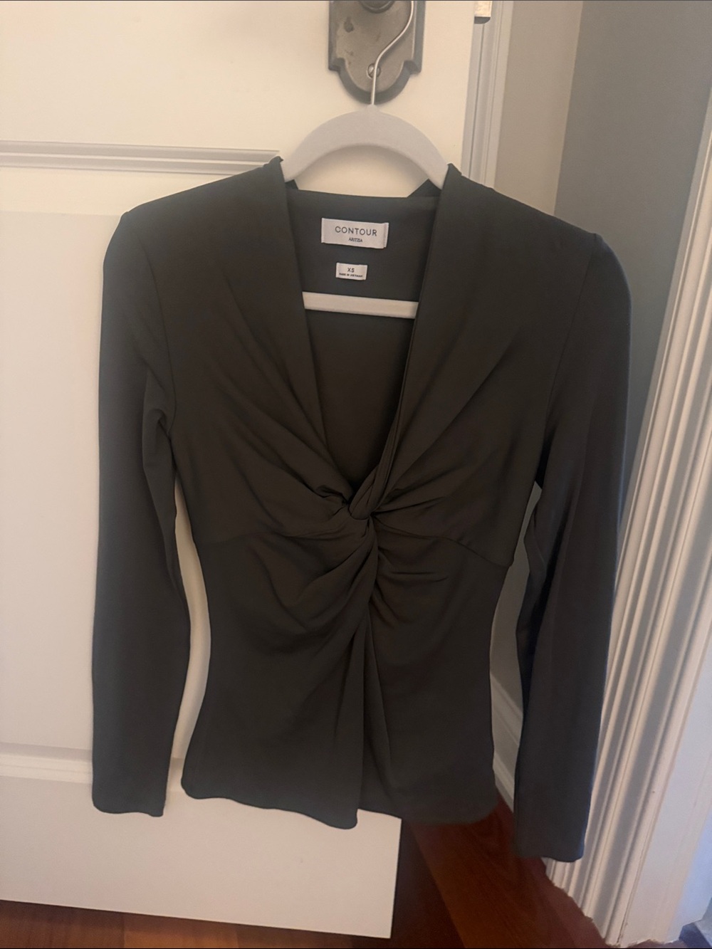 Aritzia Contour Olive Green Twist-Front Long Sleeve Top